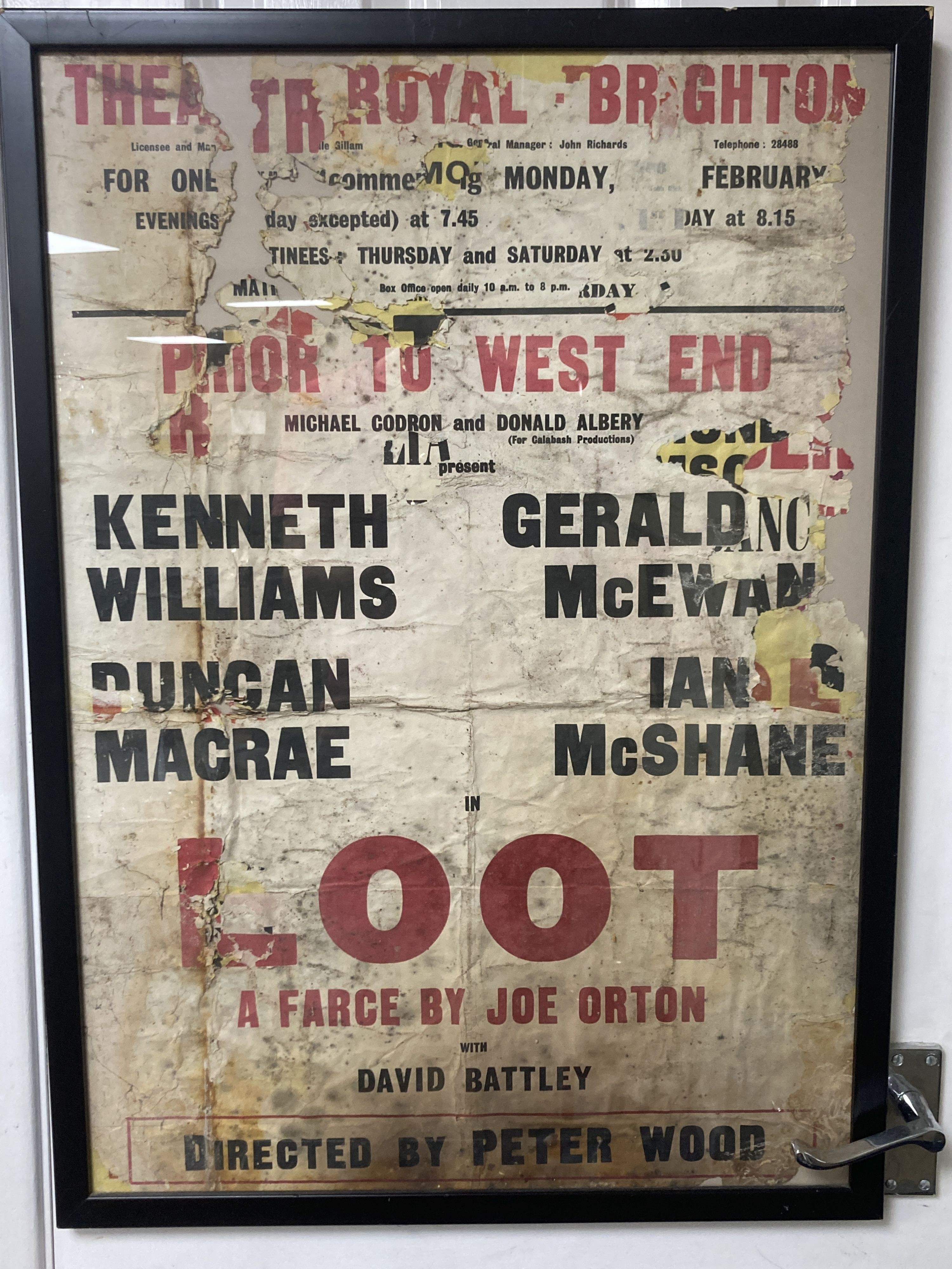 An original 1965 'Kenneth Williams FAILED PRODUCTION.. 'Loot' A farce by Joe Orton, framed poster, Pre London try out at Brighton Theatre Royal, 70 x 49cm
